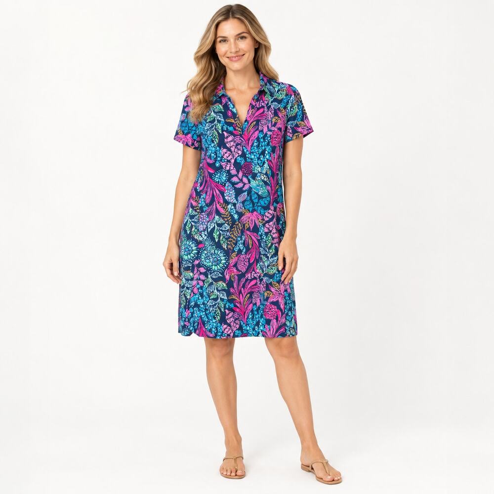 Lilly Pulitzer Luxletic Tropical Print Polo Dress Navy Pink Blue Womens Large